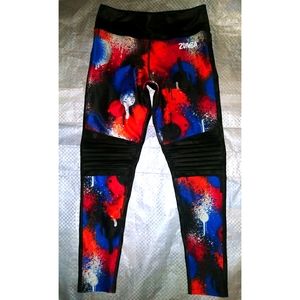 Zumba Moto Leggings sz Small Spicy Red White Blue Orange Must Move Faux Leather
